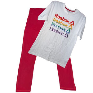 Reebok Rainbow Logo Tee & Fabletics Red Leggings Bundle - Size Small